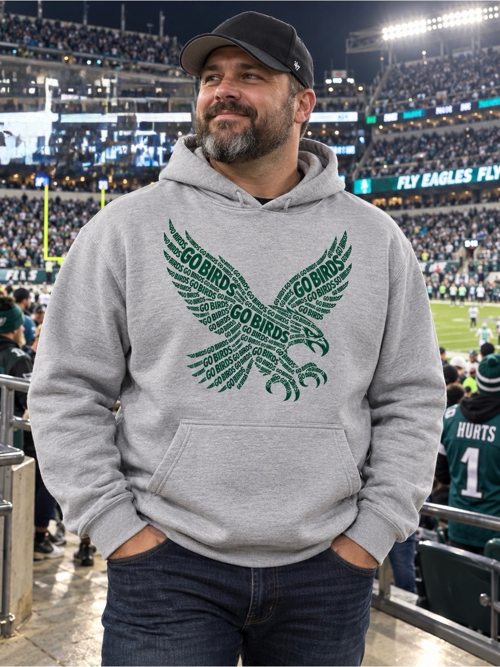 Men's Gray Hoodie Sweatshirt with Green Eagle Graphic S-5xl GO BIRDS